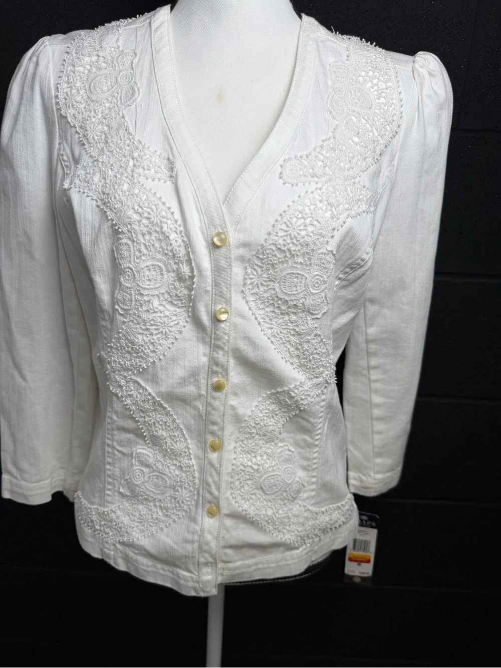 Chaps White Embroidered Button-Front Women’s Shirt/Jacket , puff sleeve NWT Med